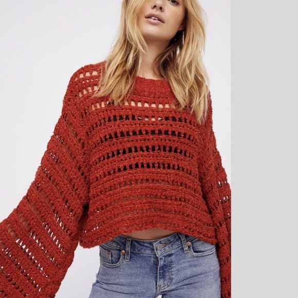 Free People Womens Sweater Sz XS Orange Knit Open Crochet Boho‎ Coastal Cowgirl - Picture 1 of 11